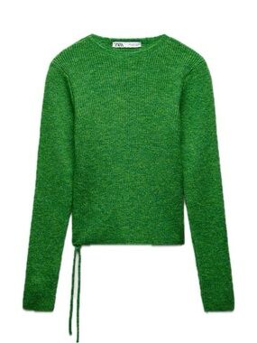 Zara Bright Green Crewneck Sweater with Side Tie